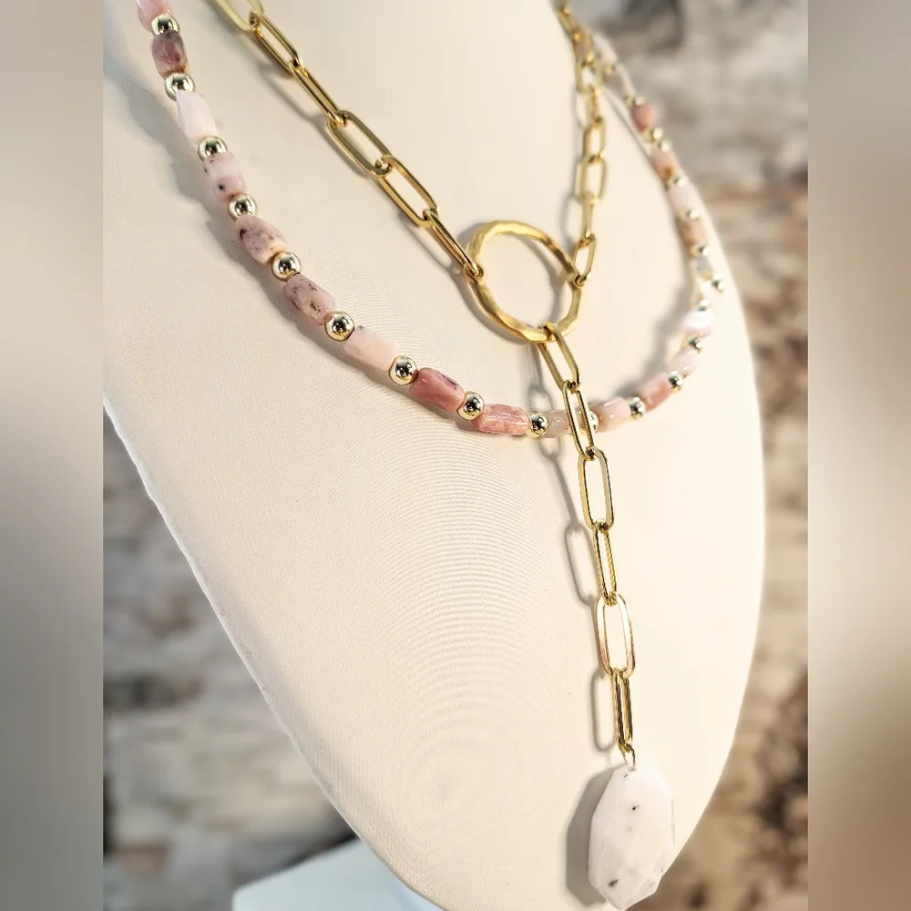 Natural Peruvian Pink Opal Beads & Pendant In Two Strand Paperclip Necklace